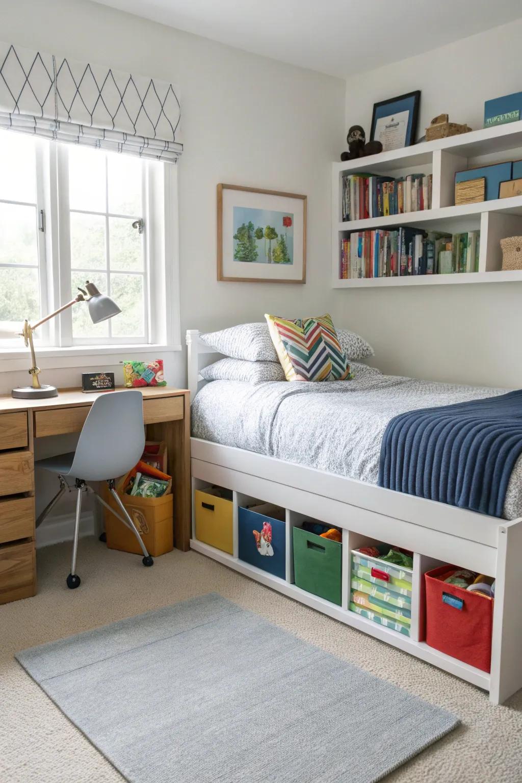 Under-the-bed arranging keeps a boy's space tidy and arranged.