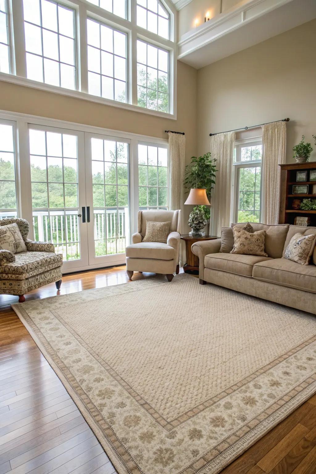 A light floor covering anchors the room and adds texture.
