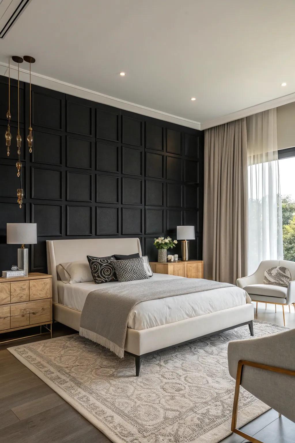 A black accent wall adds strong contrast and beauty to the bedroom.