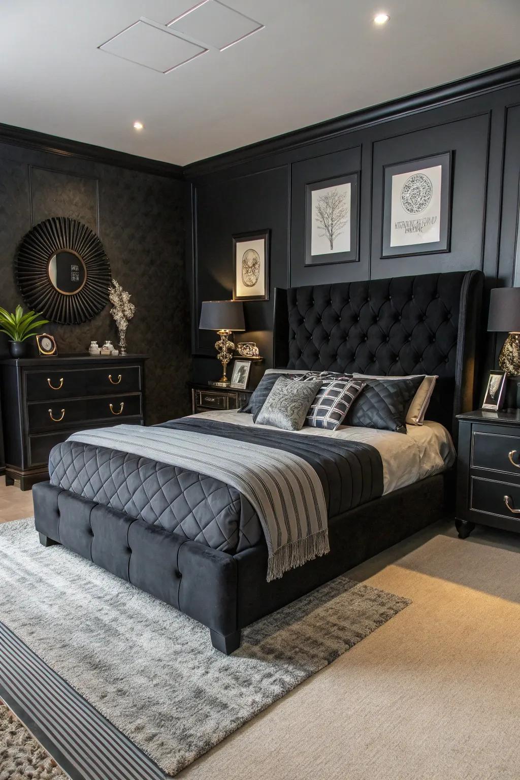 A black bedroom featuring a striking feature bed as the centerpiece.