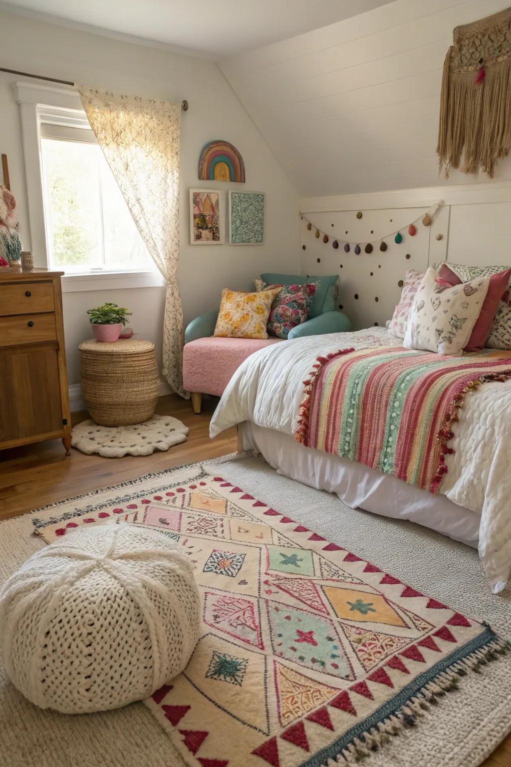 Textured overlays introducing dimension and coziness to the room.