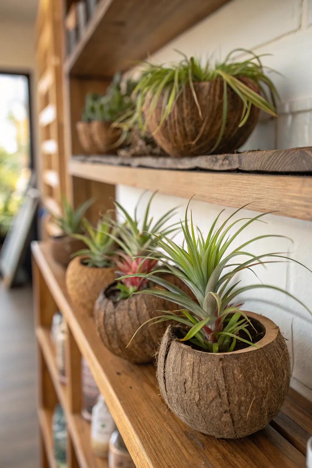Eco-friendly air plant holders fashioned from coconut shells.