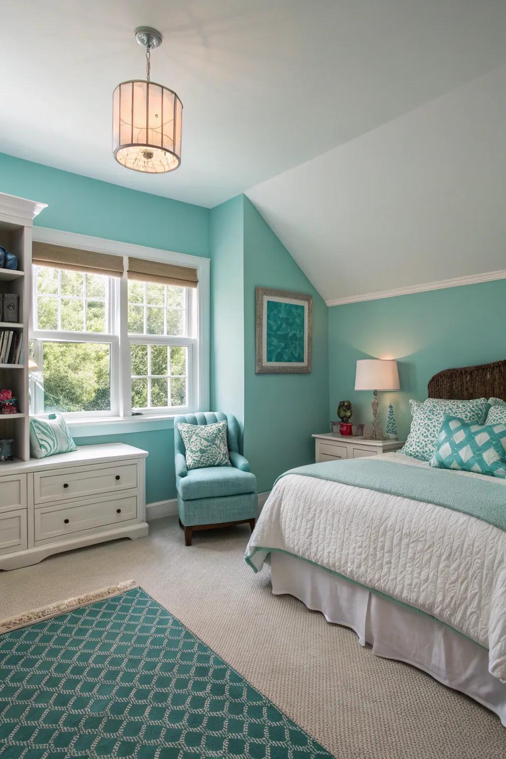 Different aqua shades create distinct sections in the bedroom.