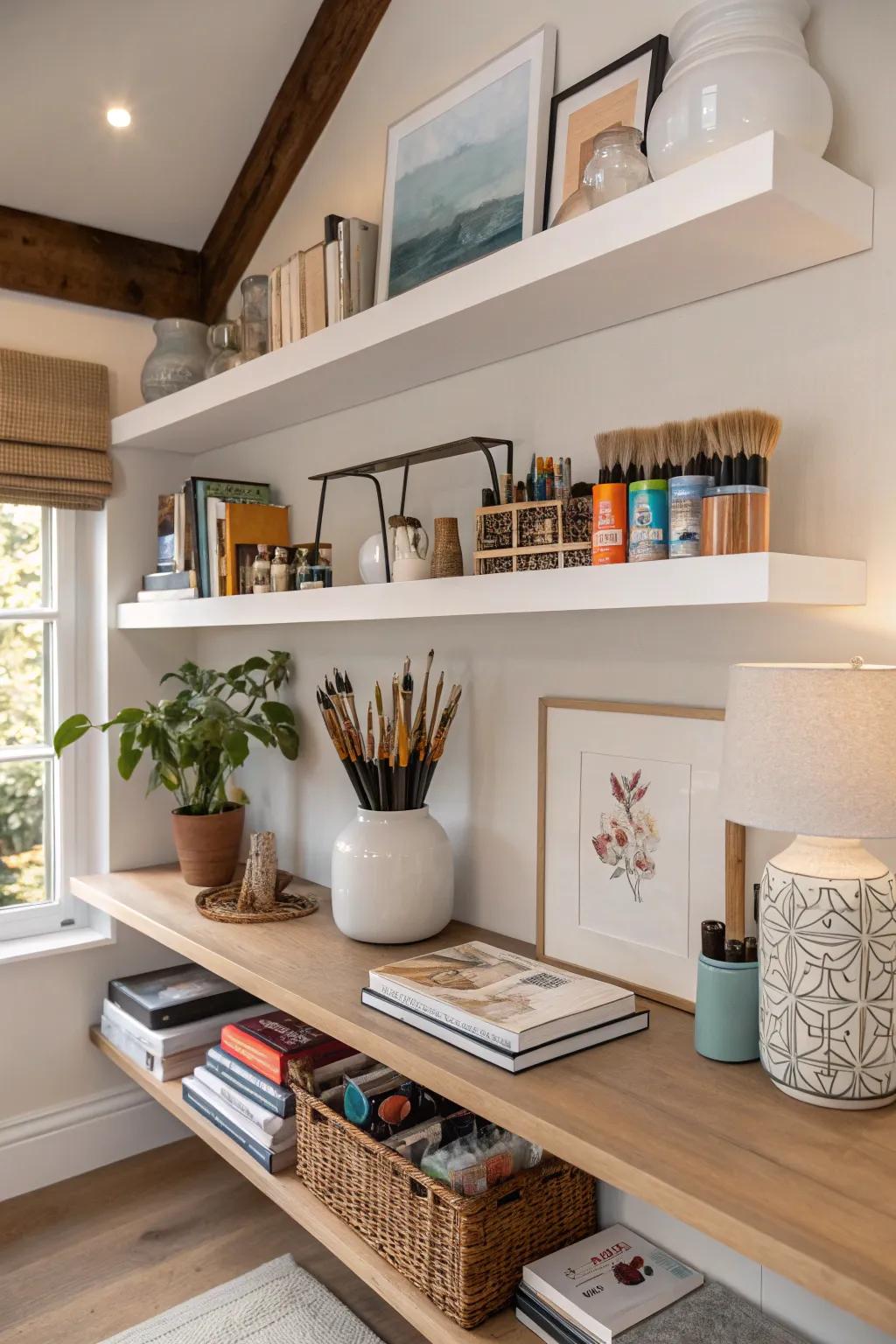 Floating shelves offer stylish arrangement solutions for your art items.