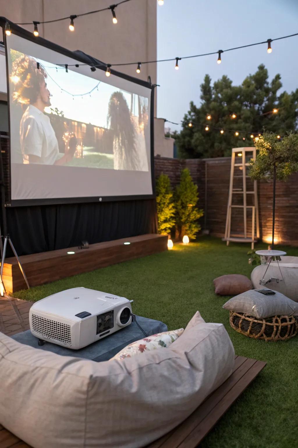 An enchanting outdoor cinema on verdant imitation turf.