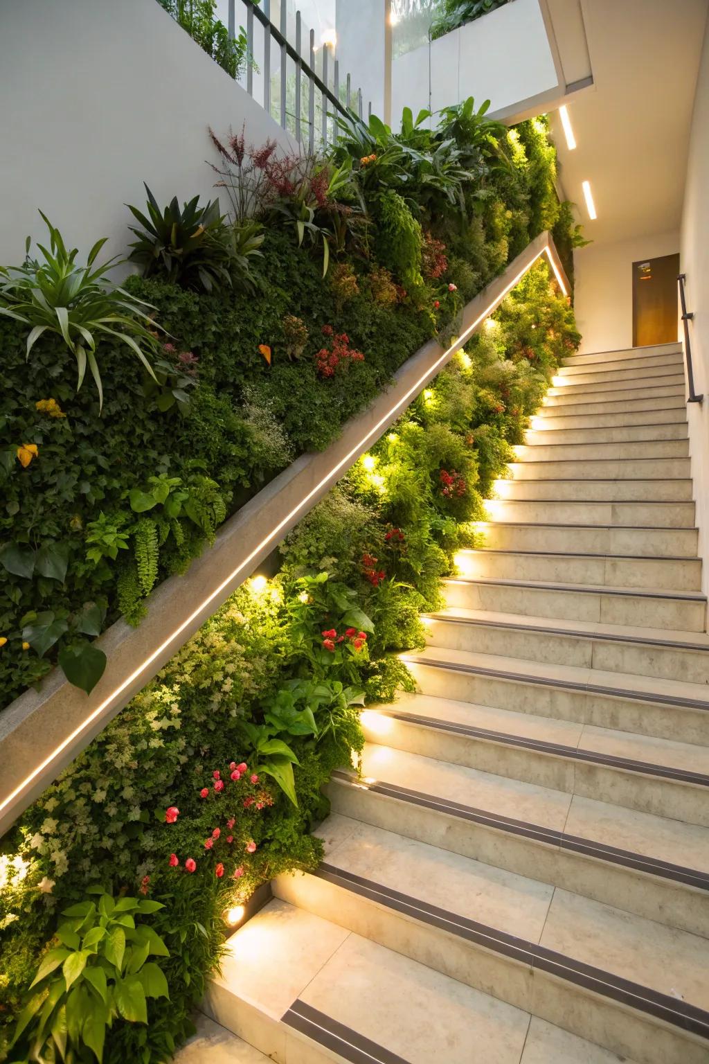 A staircase transformed into a vertical garden with specialized plant lighting.