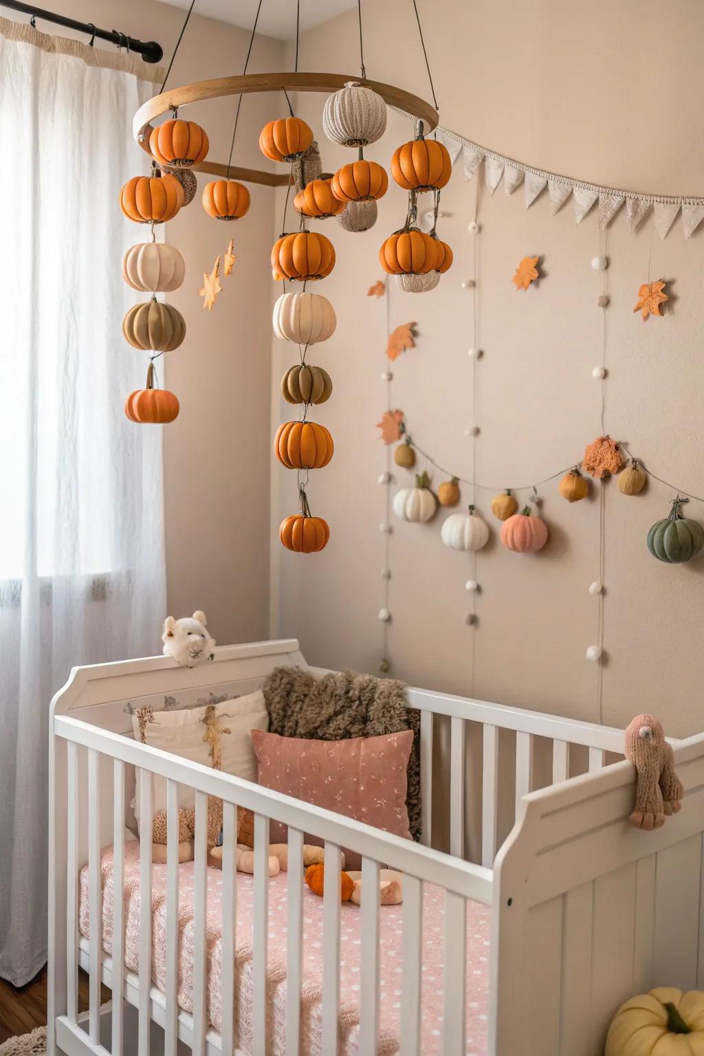 Ascending gourds engender a whimsical nursery ambiance.