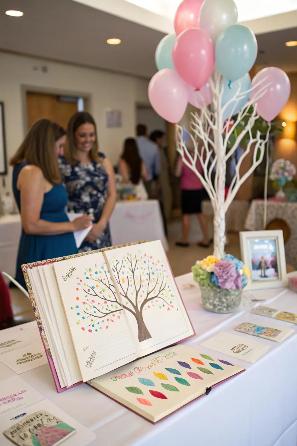 An interactive guest registry with a fingerprint tree serves as a cherished keepsake.