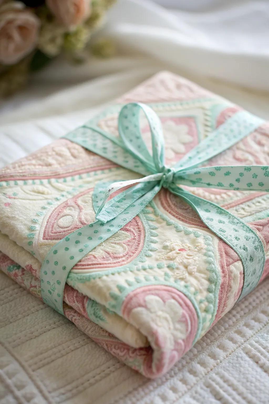 A nostalgic gift wrapped in a vintage baby blanket, ideal for a significant expression.