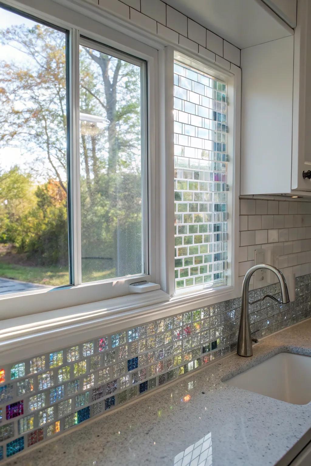 Upcycled tiles providing an eco-friendly sparkle around a kitchen window.