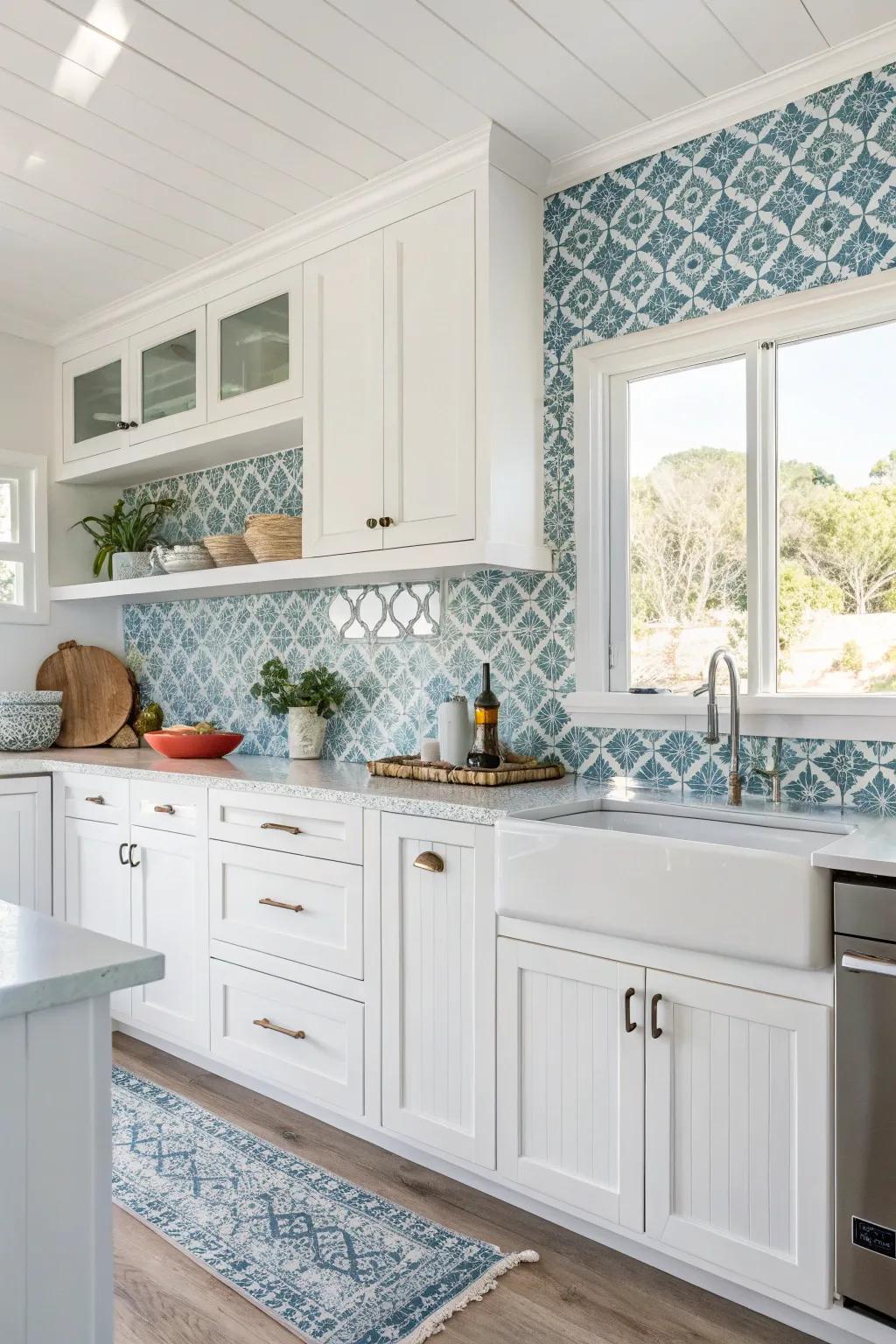 Shoreline colors convey a beachfront vibe to this white kitchen.
