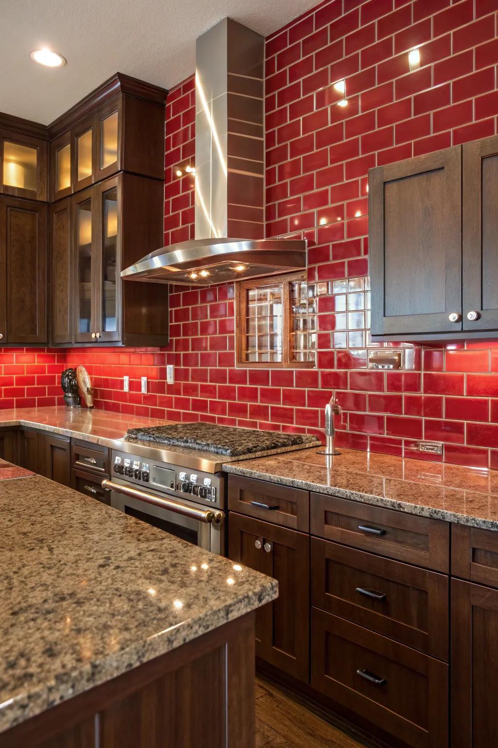 Daring ruby tiles create a striking accent with fantasy brown granite.