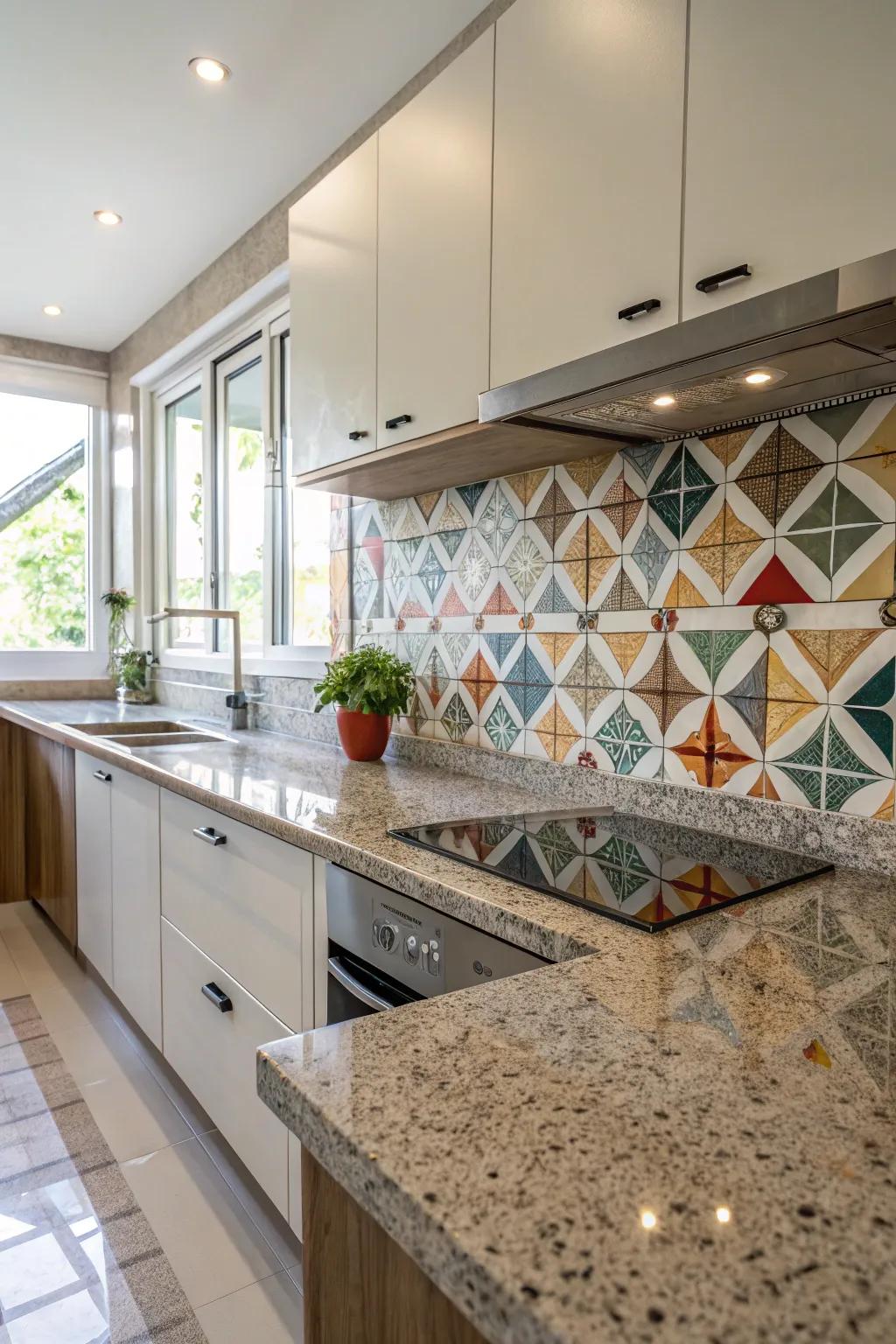 Granite worktops are given entertaining designs with geometric tiles.