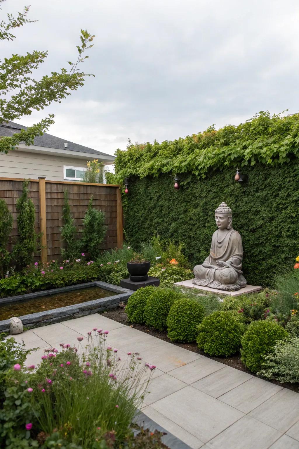 A vertical garden provides a lush, vibrant backdrop for your Buddha.