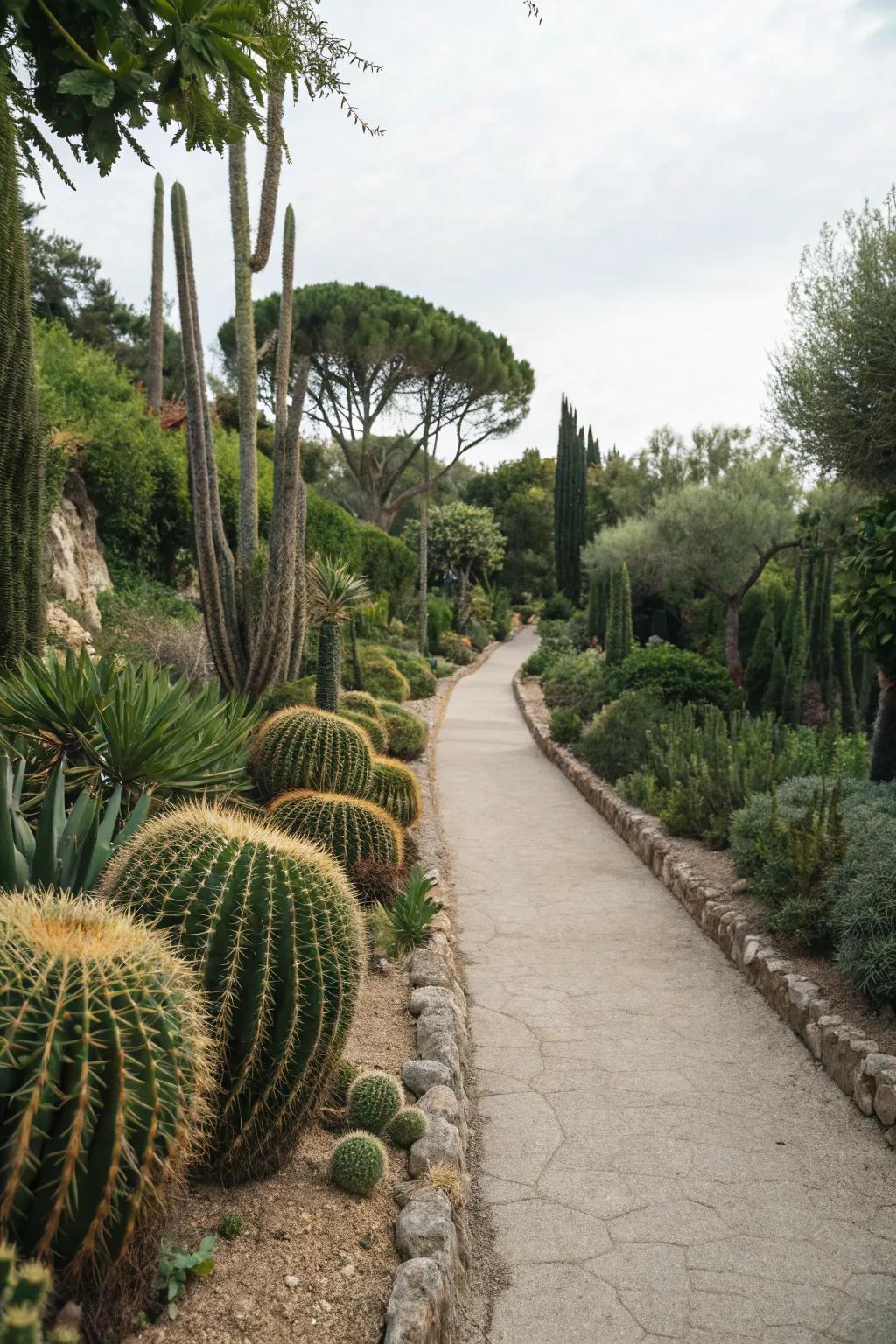 Cacti lining the path, creating a stunning and natural guide.