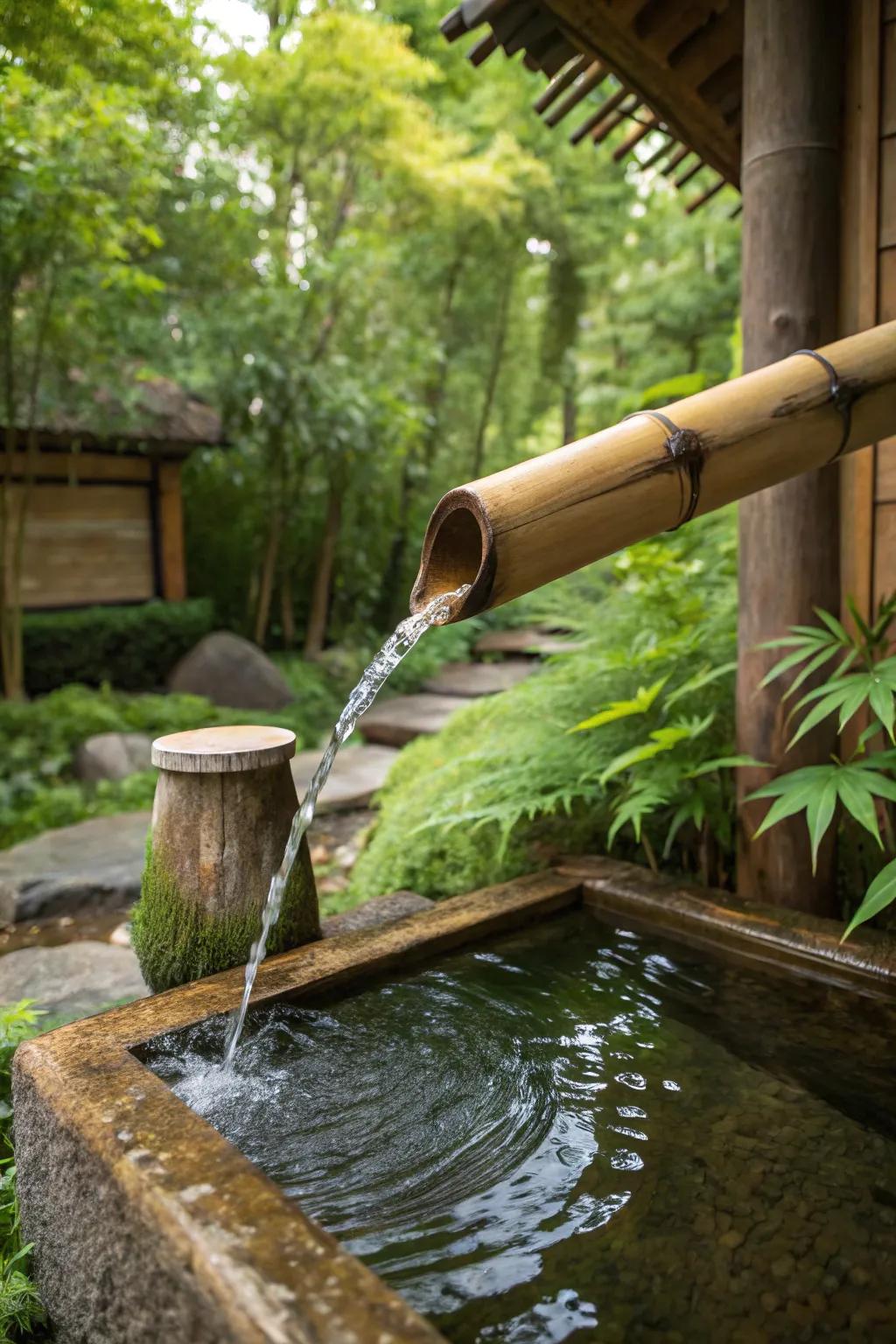 A bamboo passageway fountain brings East Asian tranquility to your garden.