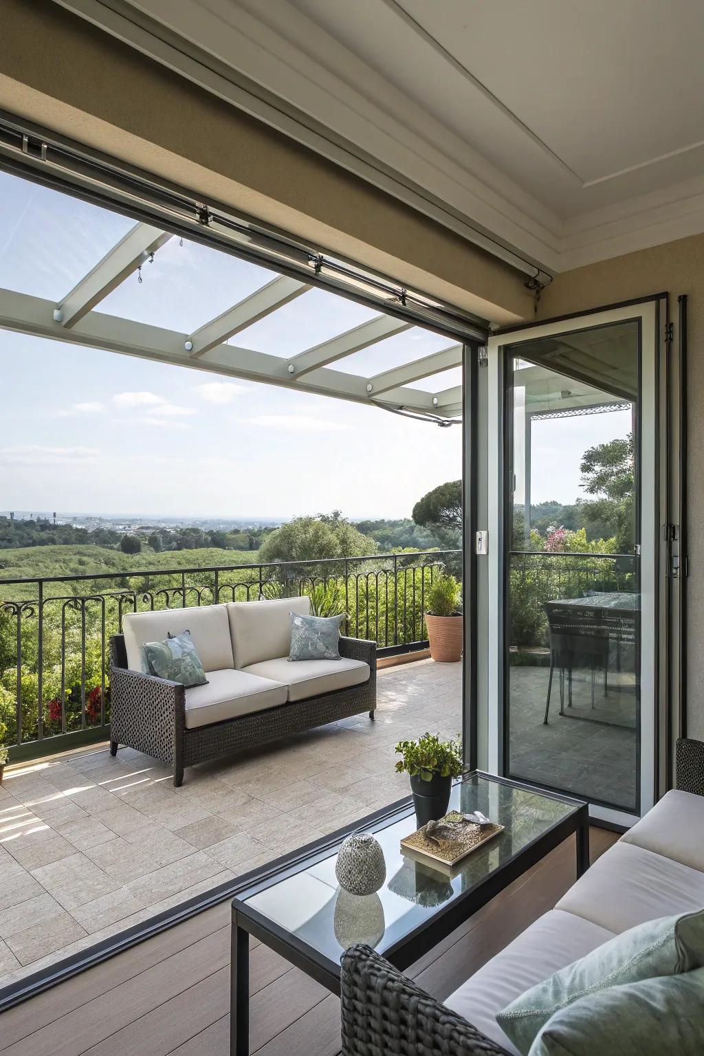 Folding glass panels offer flexibility and unobstructed views.