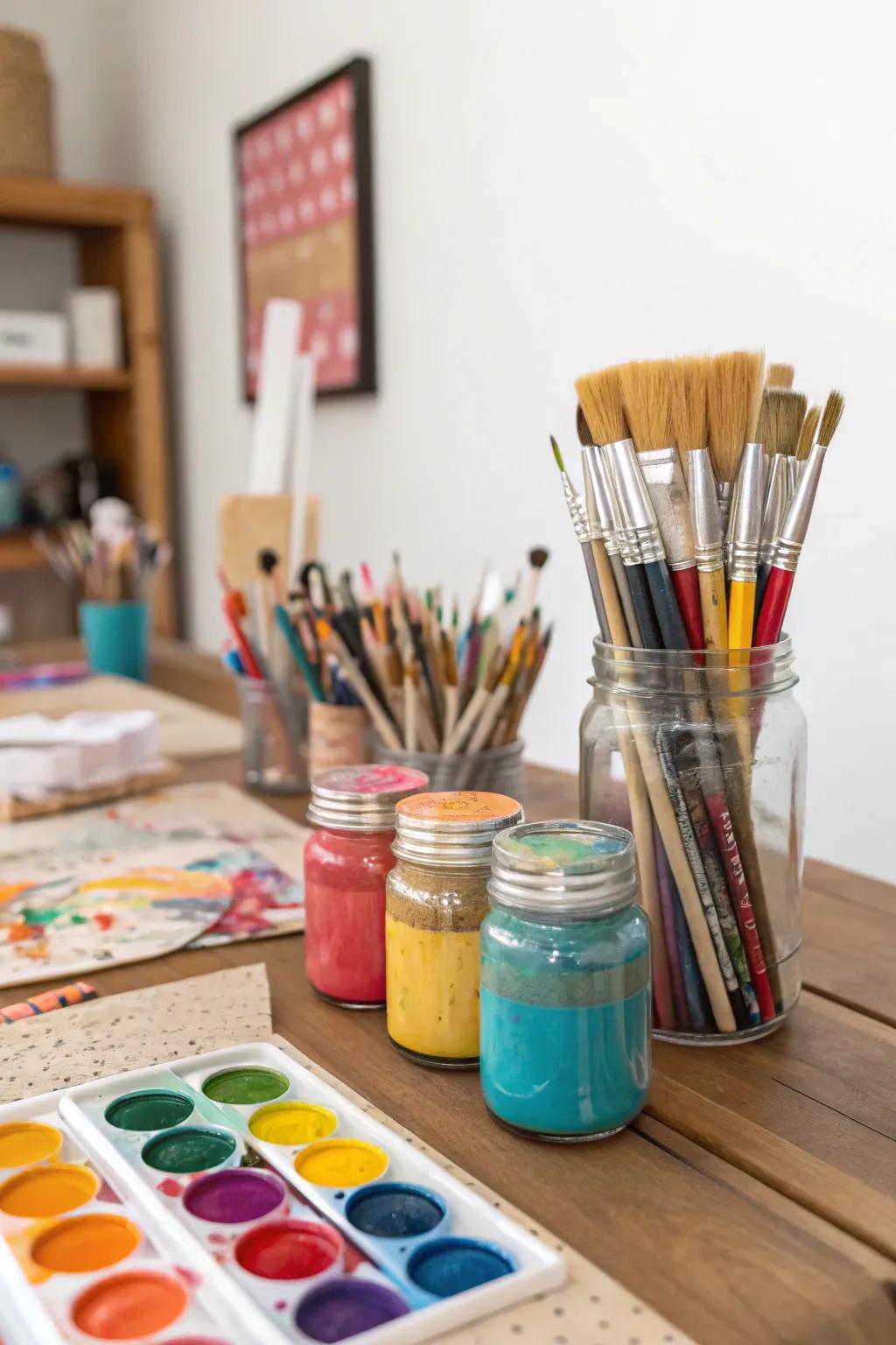 Artistic pigment holders crafted from canning jars sustain implements organized.