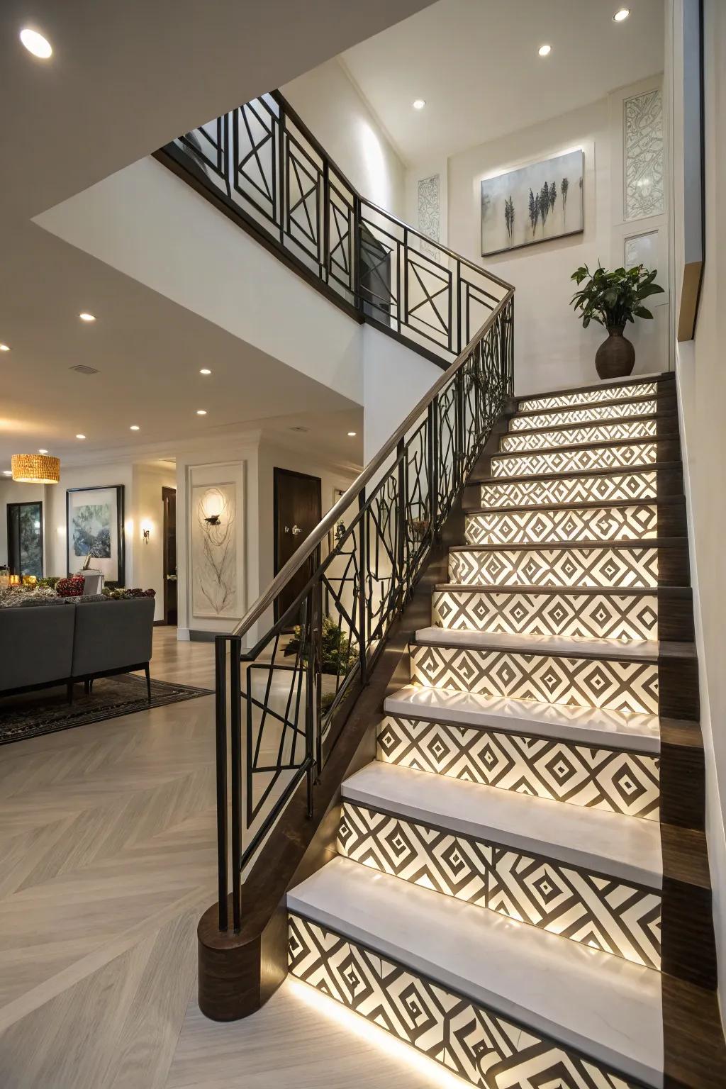 Artistic flair through symmetrical pattern staircase rails.