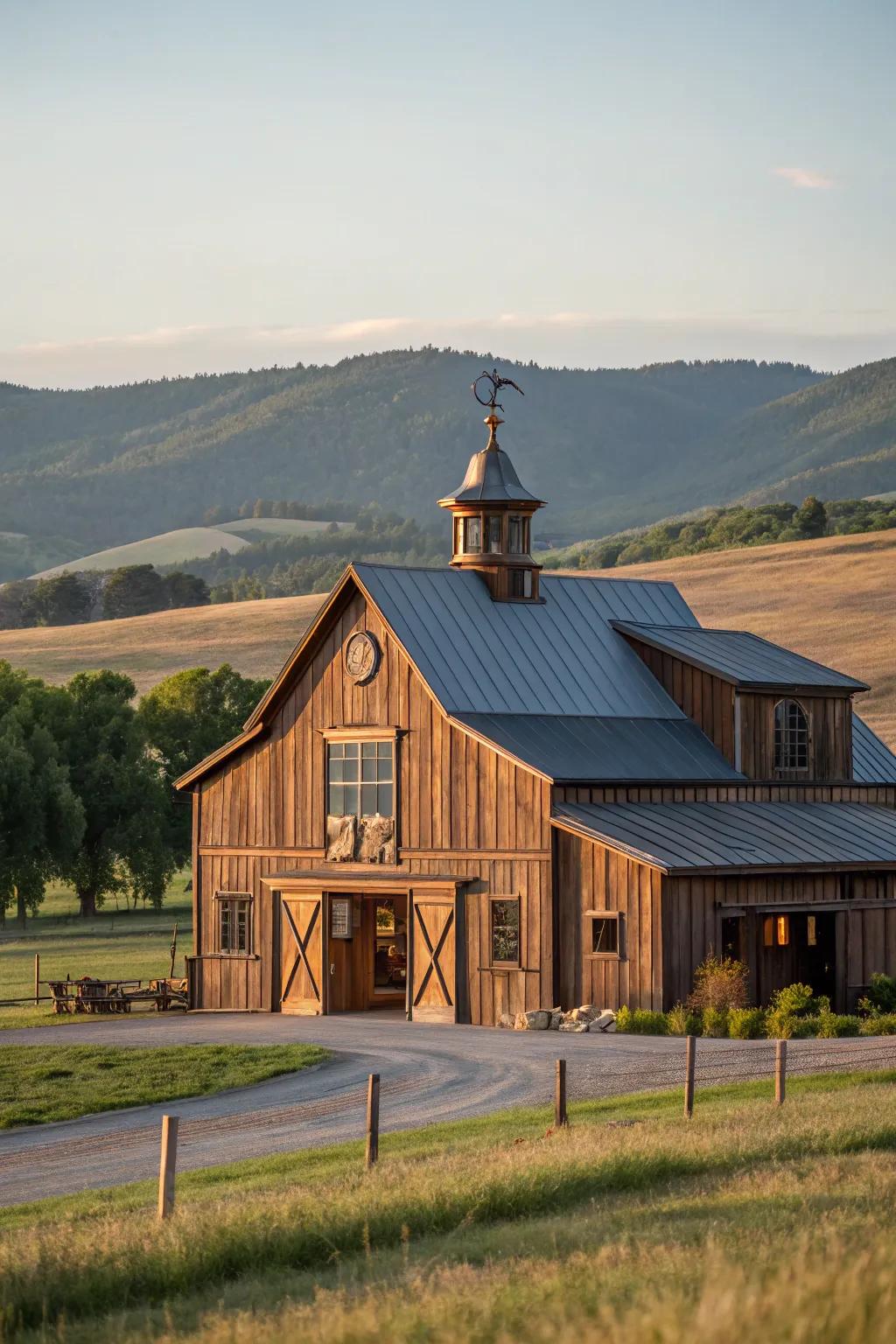 A barn displaying elegant bronze details that improve its general design.