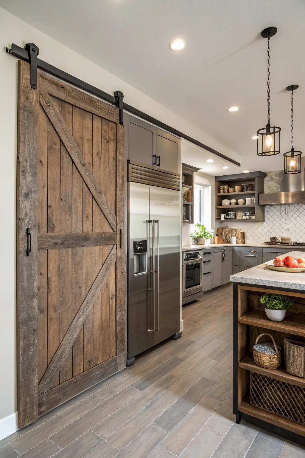 A kitchen featuring a sliding barn door pantry crafted from recycled materials.