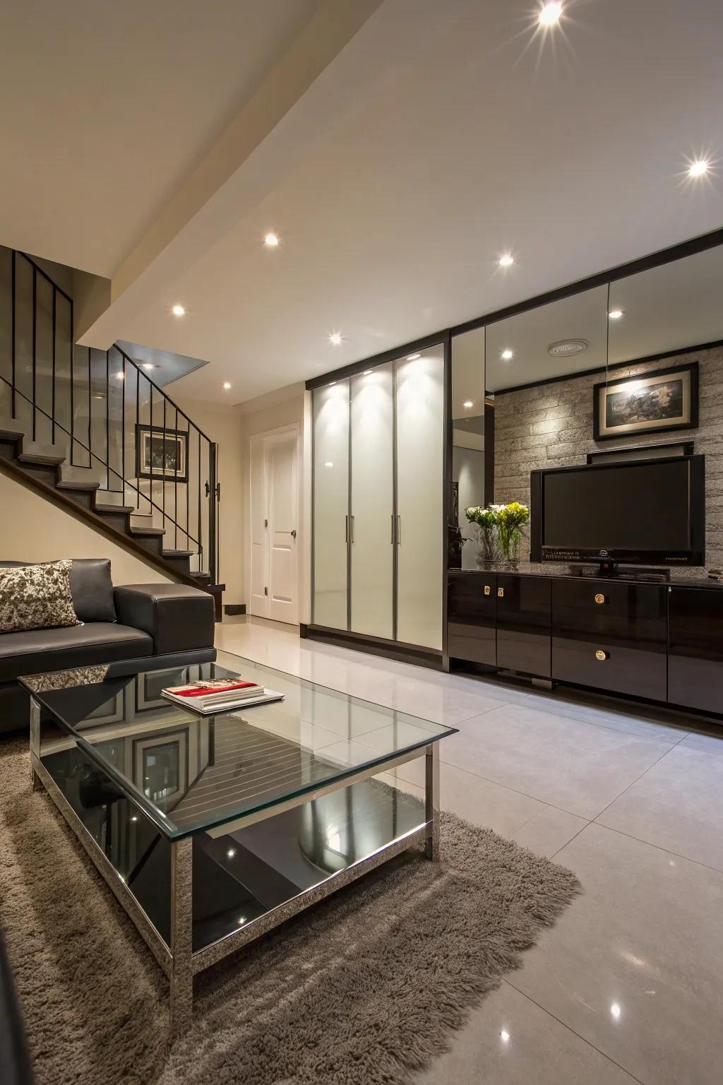 Reflective surfaces amplify illumination and elegance.
