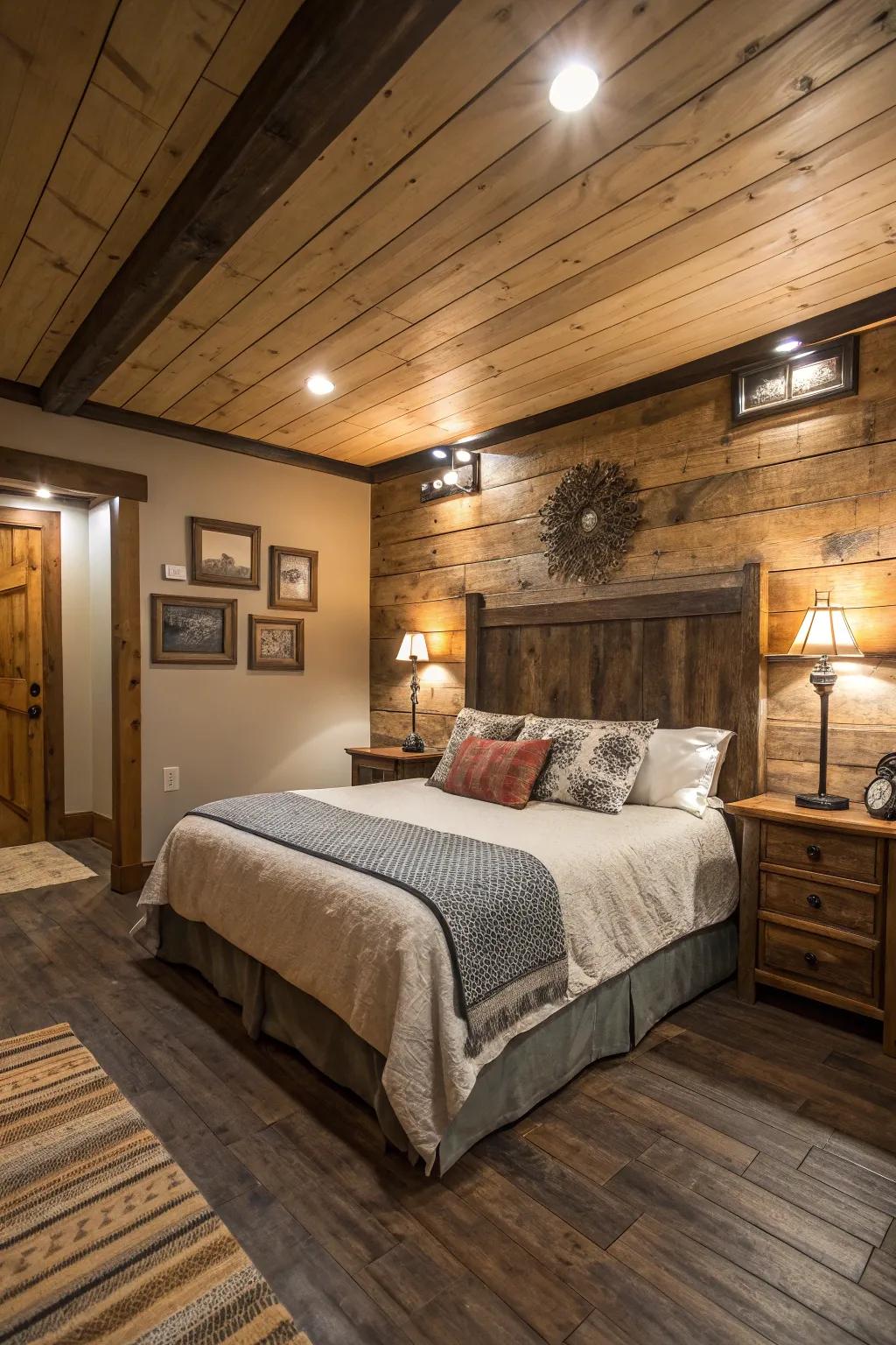 Wood features introduce warmth and texture to this welcoming basement bedroom.
