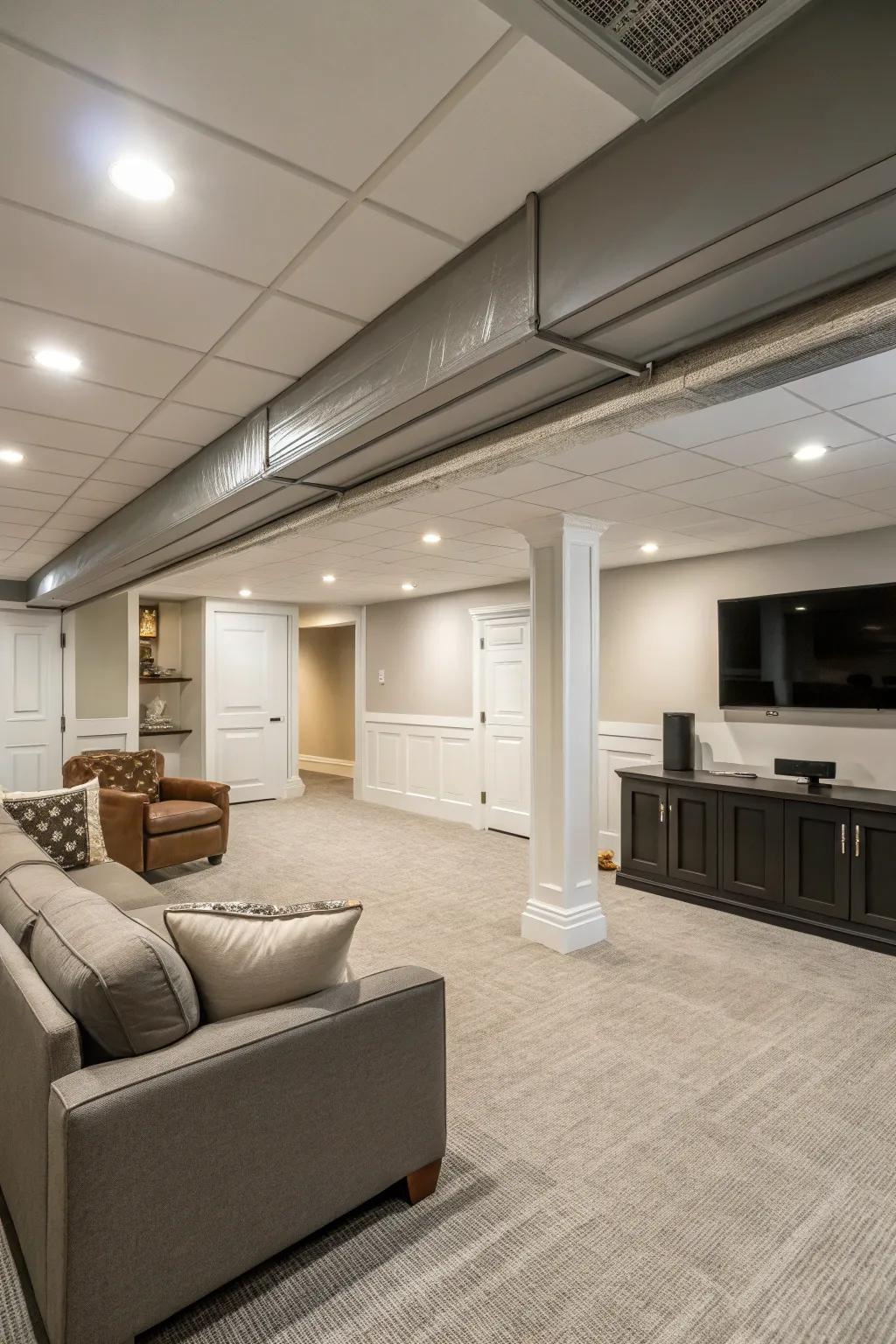 Keep it simple with a minimalist design approach to basement ceilings.