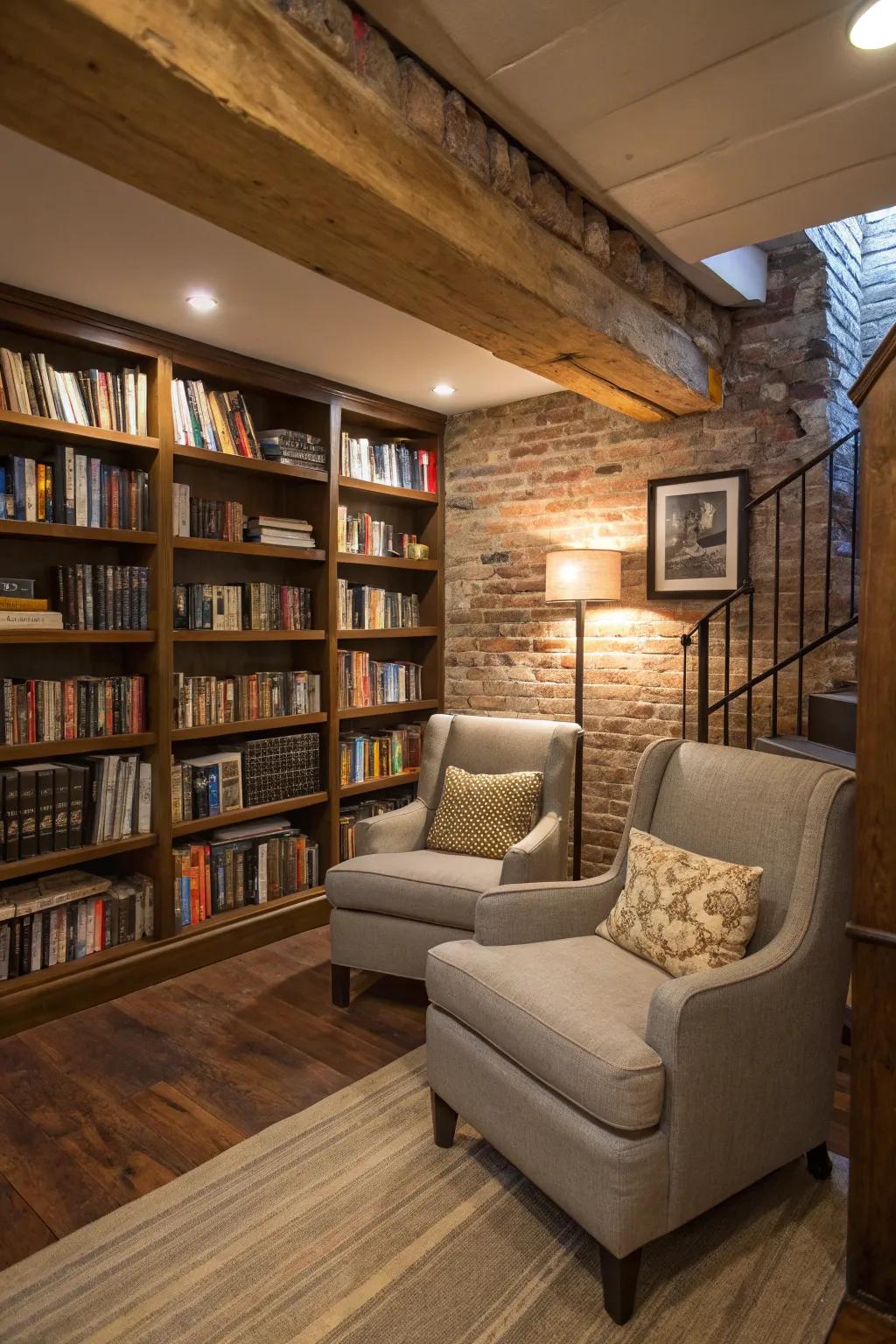 A mini library transforms the basement into a cozy reading corner.