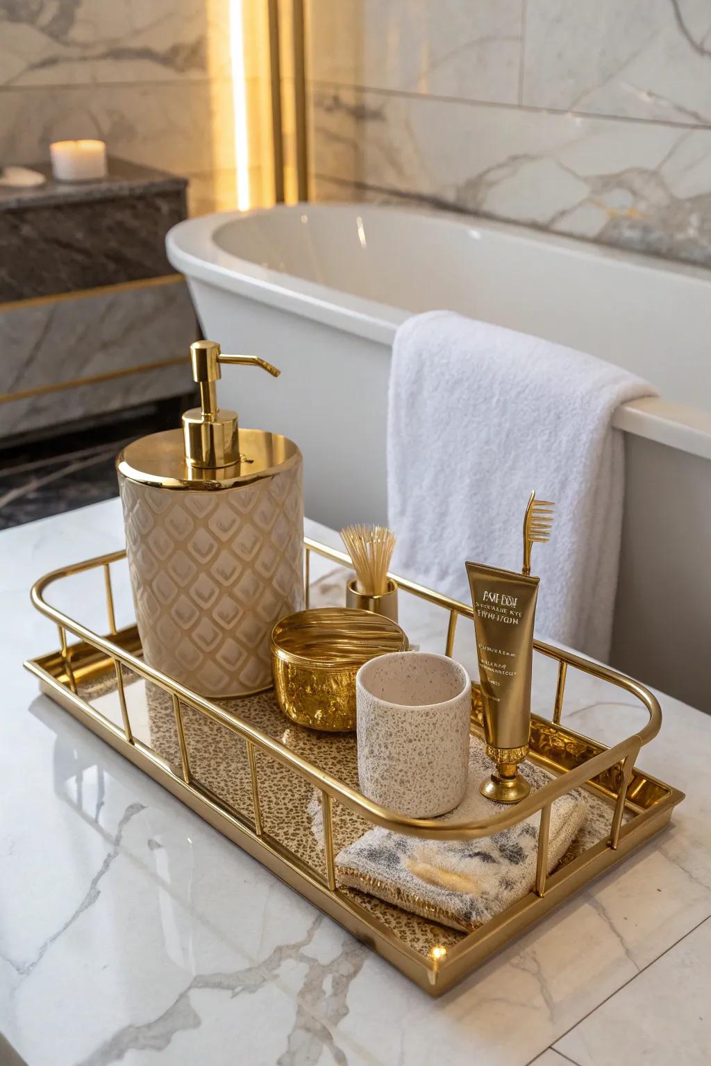 Add a touch of glamour to your bath with a luxurious gold caddy.
