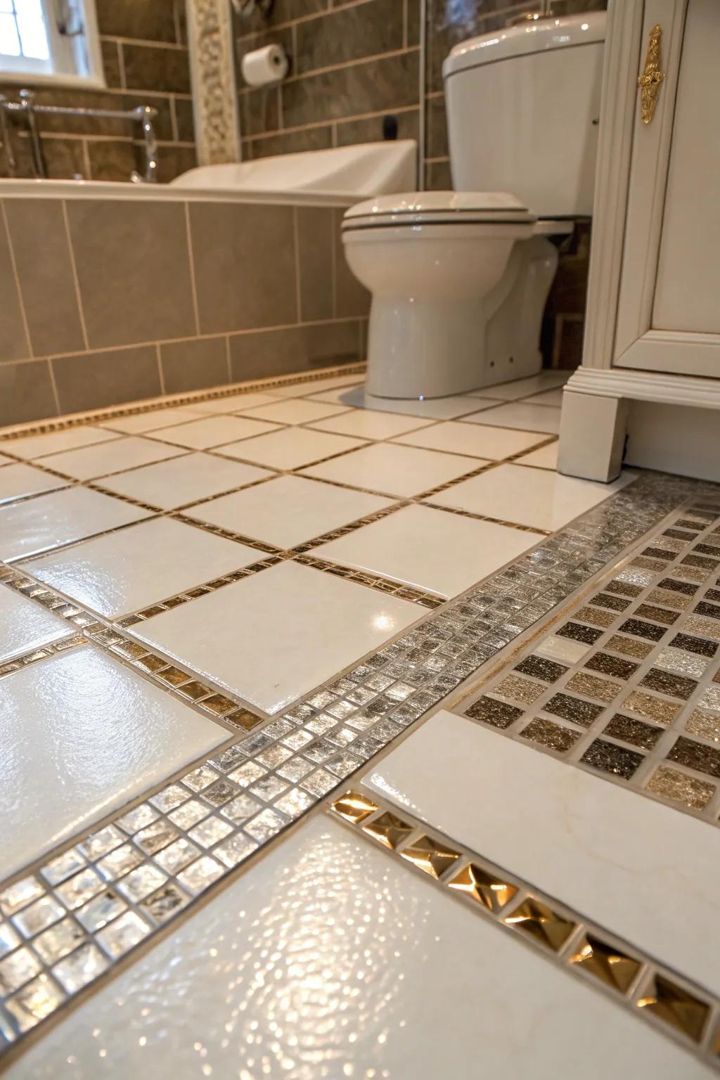 Metallic accents introduce glamour and sophistication to bathroom floors.