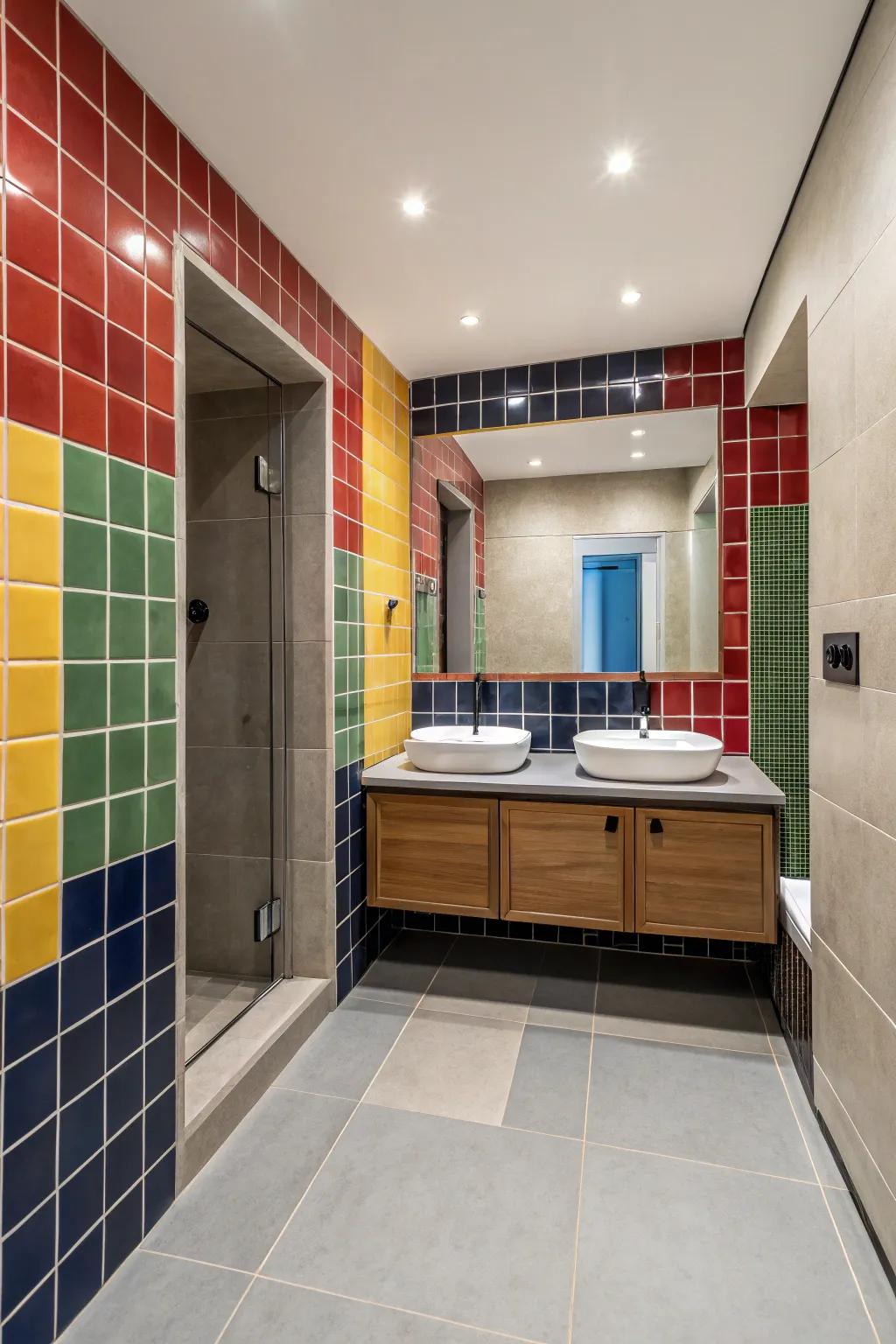 Bold-colored trims transform bathrooms with vibrant style.