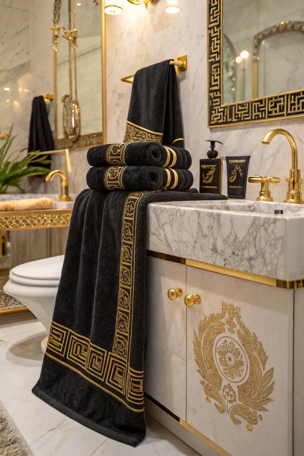 Onyx and gilt towels append a luxurious and theatrical hint.