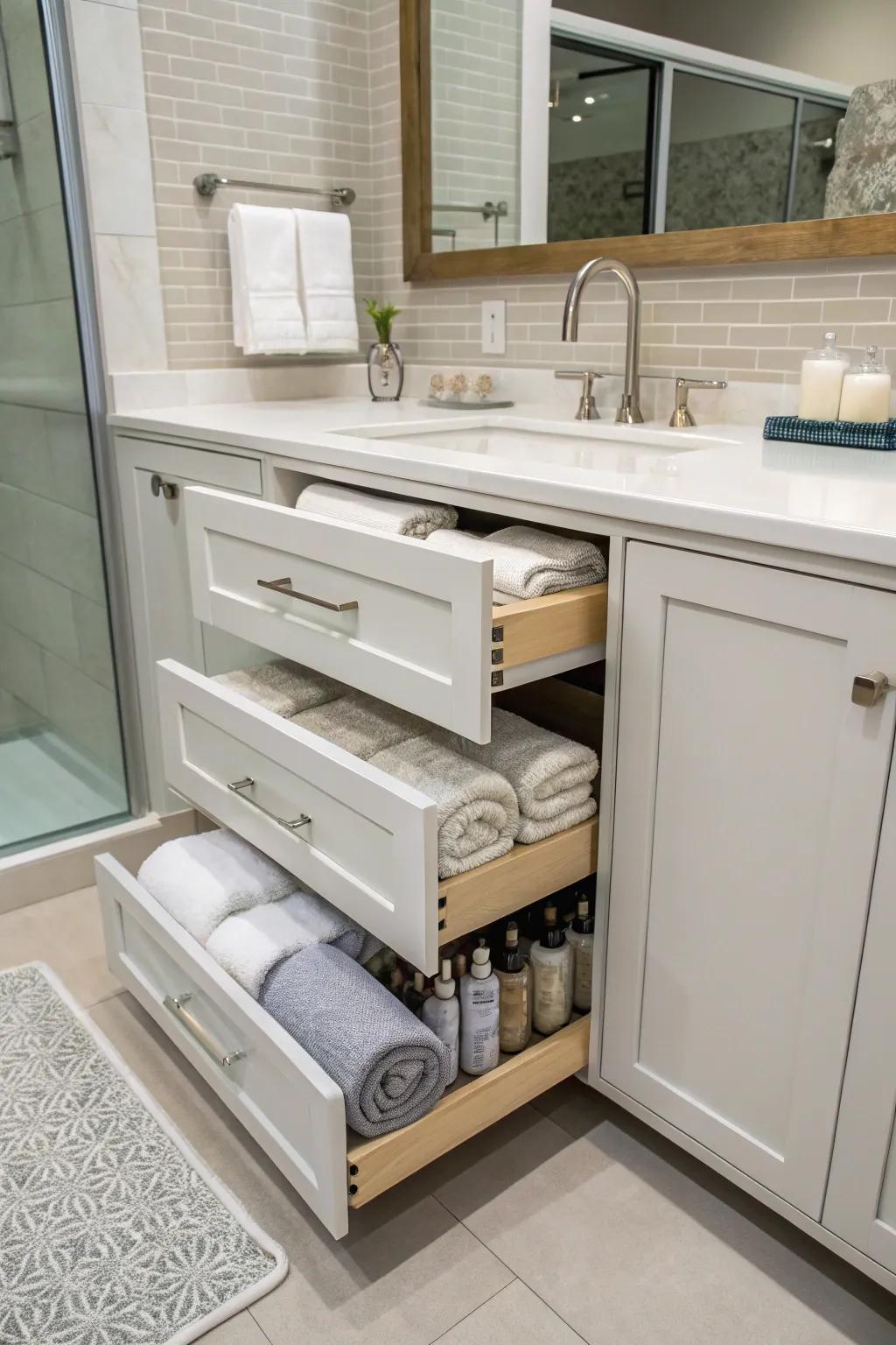 Slide-out shelves for easy access to cabinet contents.