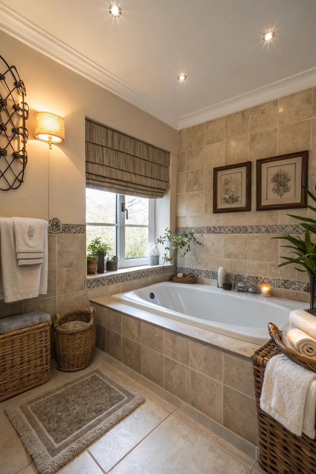 Soothing atmosphere fostered through neutral palette tiling