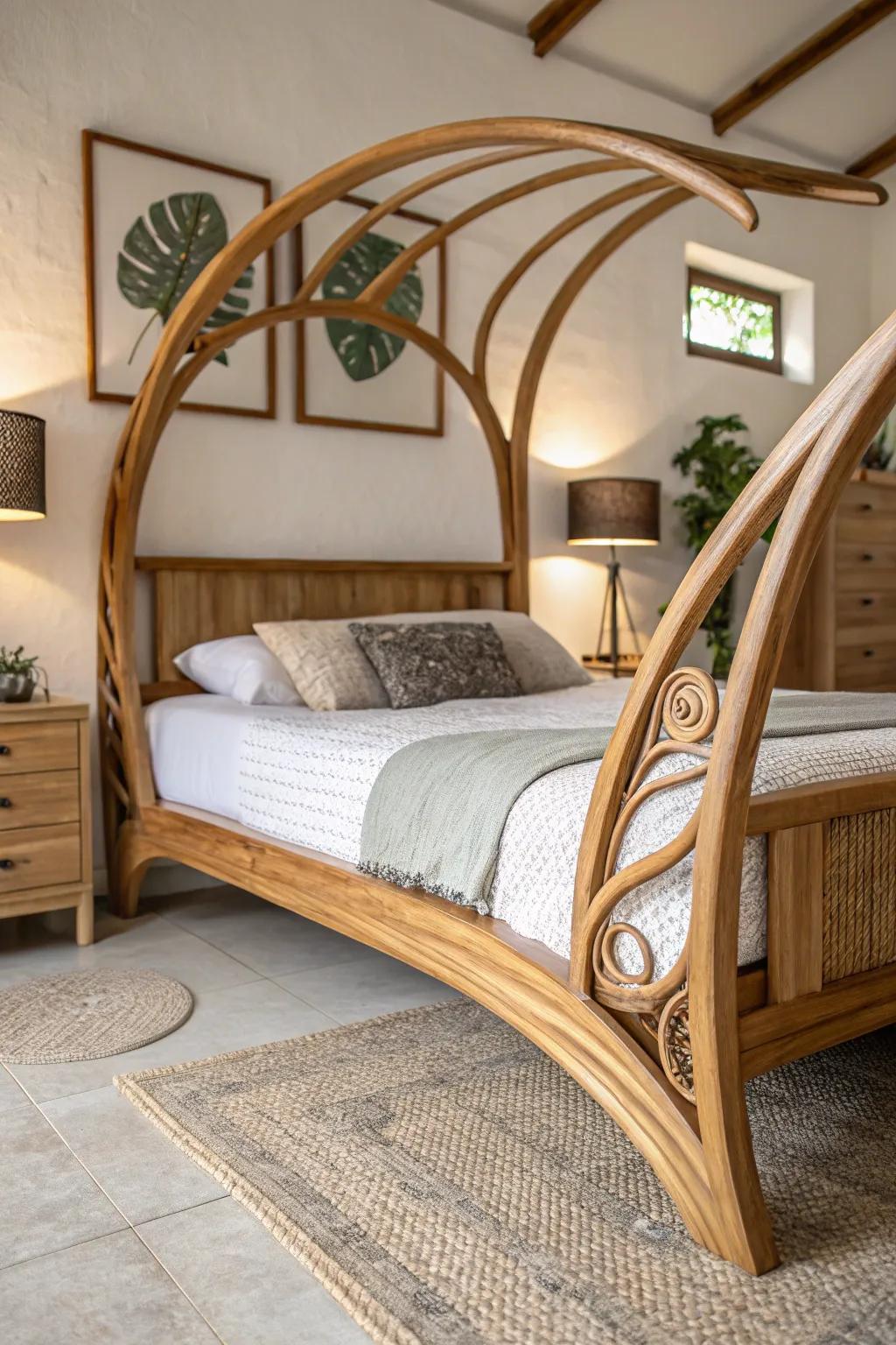 A bed base with organic shapes introduces flow and harmony.