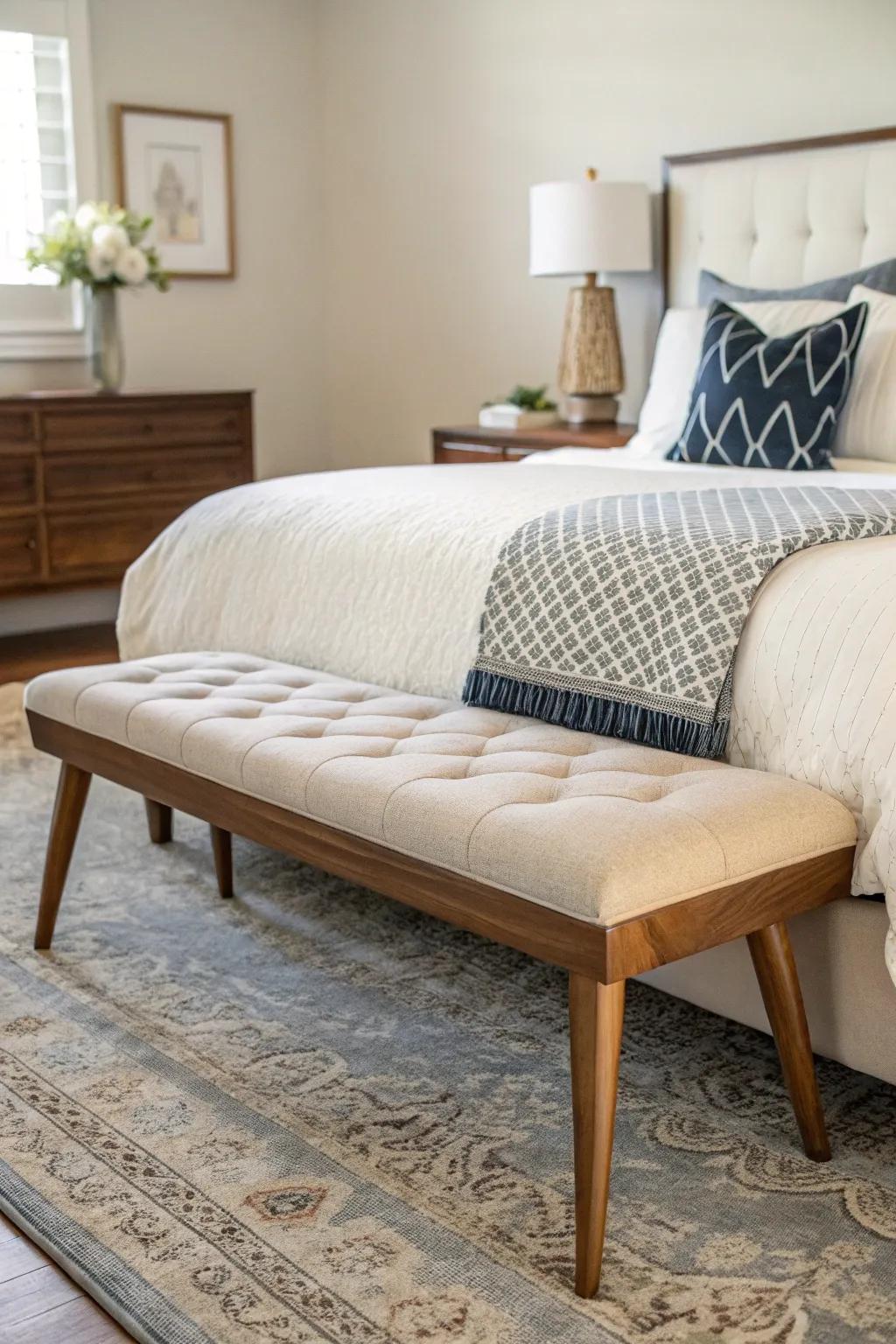 A mid-century modern bench in a bedroom, offering both style and function.