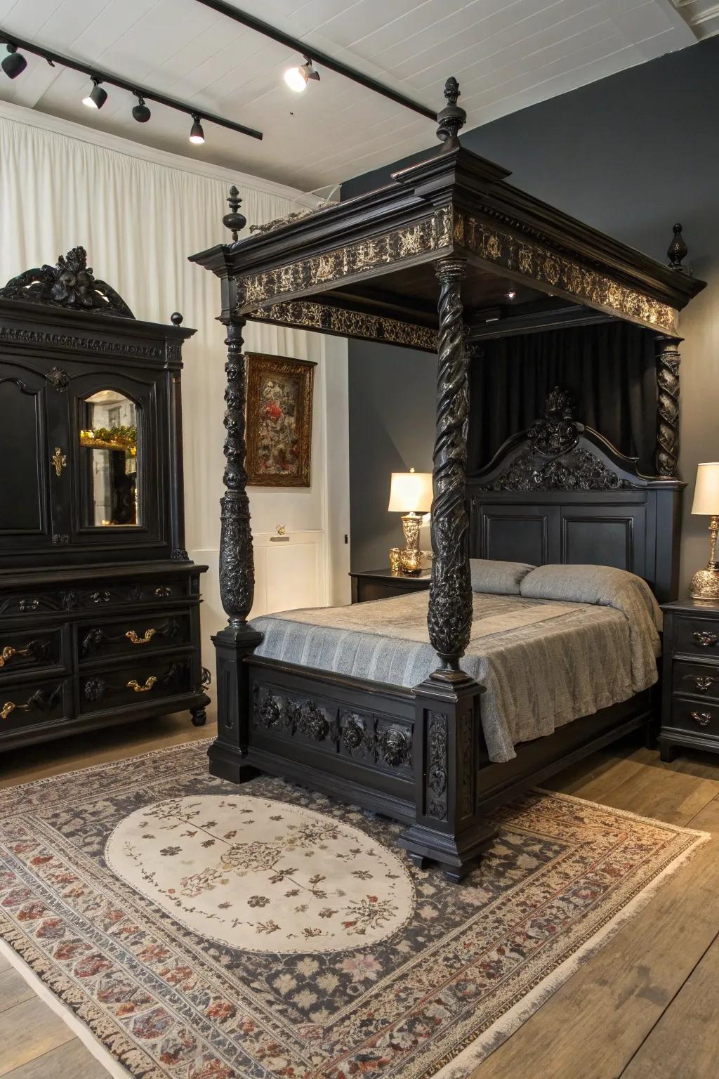 Age-old accessories impart character, contrasting a room fitted with modern dark furniture.