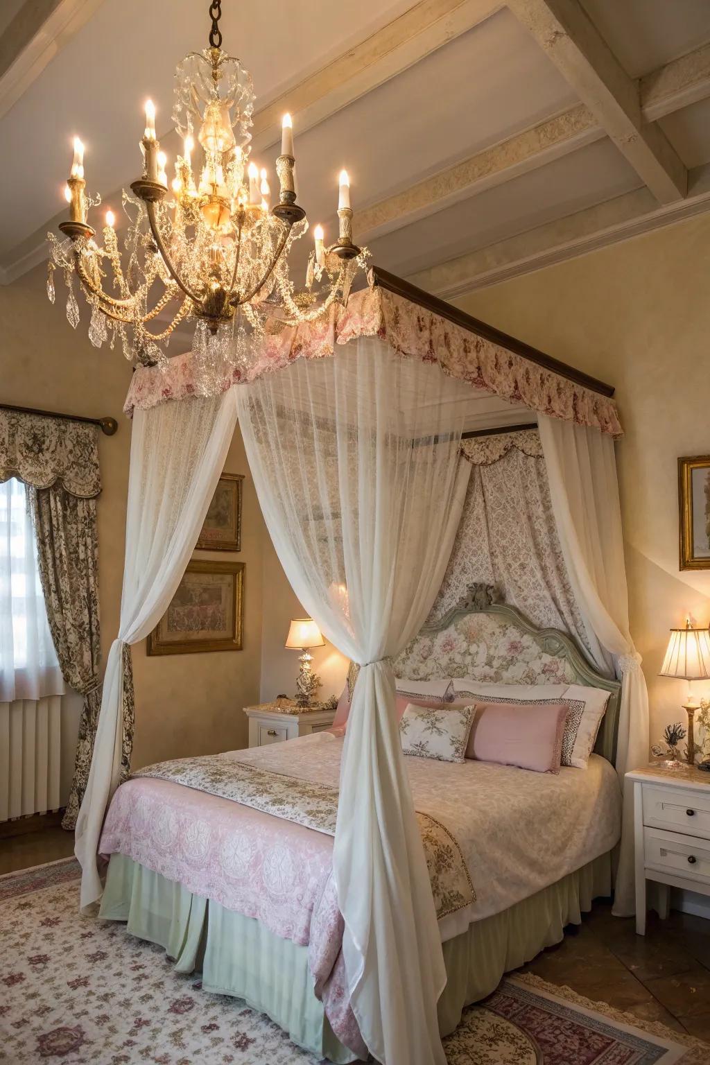 Chandeliers complement canopy beds with grace.