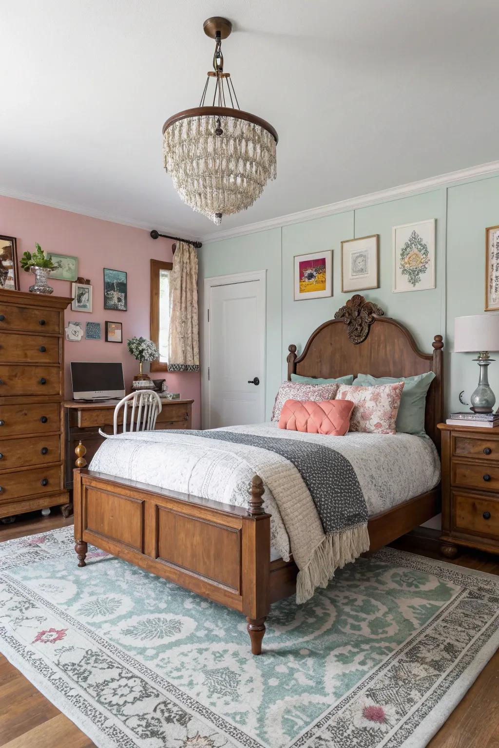 A bedroom that mixes old and new for a unique style.