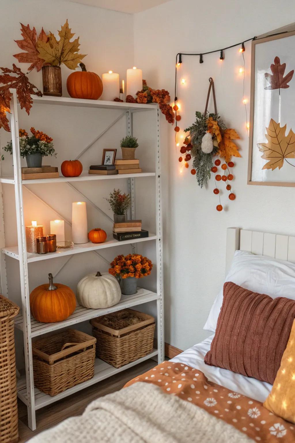 Switch out decor seasonally on shelves to achieve a refreshed and modern impression.