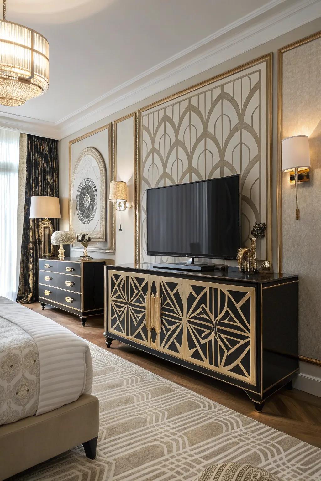 Geometric patterns bring Art Deco elegance.