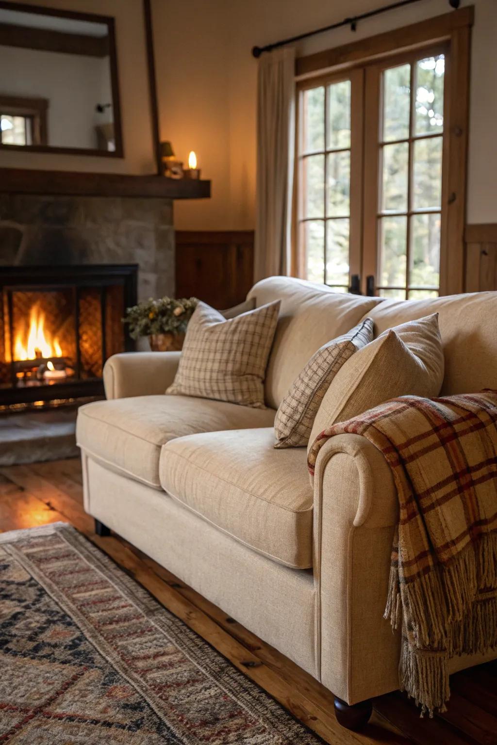 A cozy living room featuring a sand-toned sofa and a warm hearth.