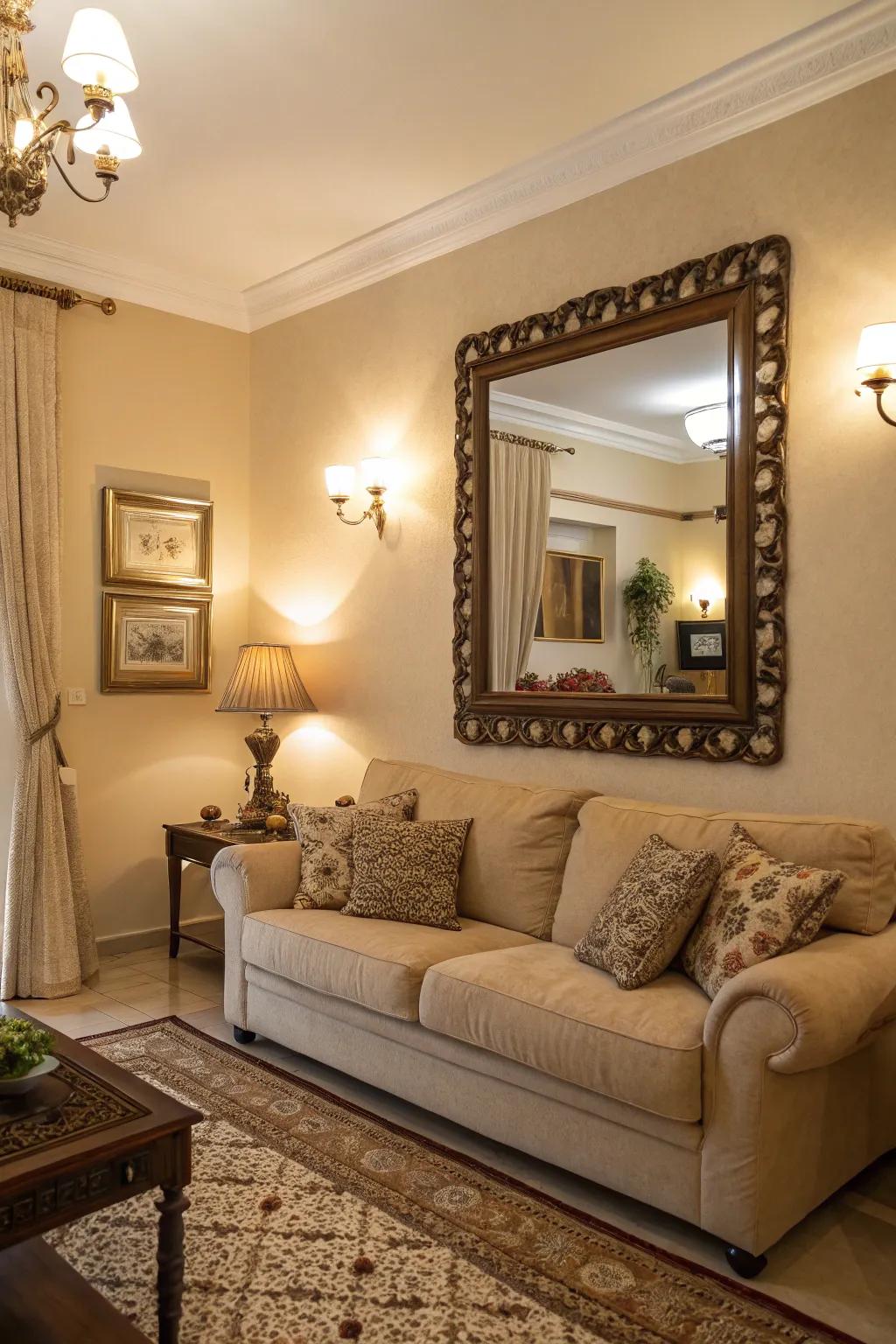 Mirrors reflect illumination and expand space.