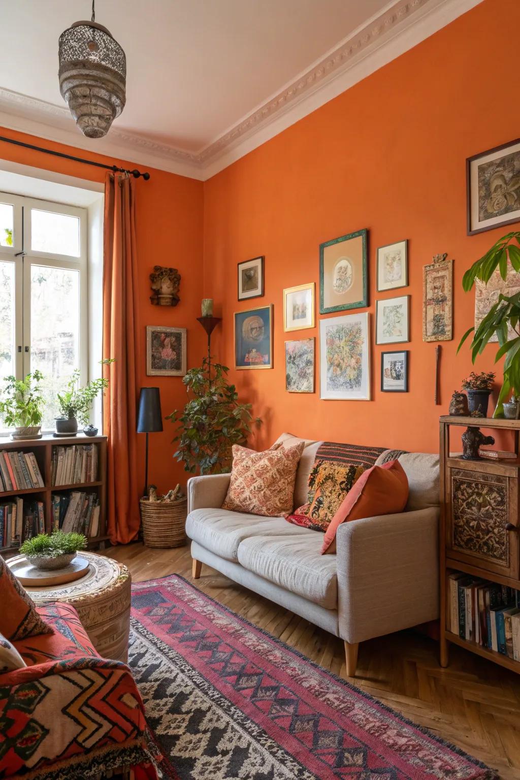 Tangerine walls infuse the room with vibrant energy.