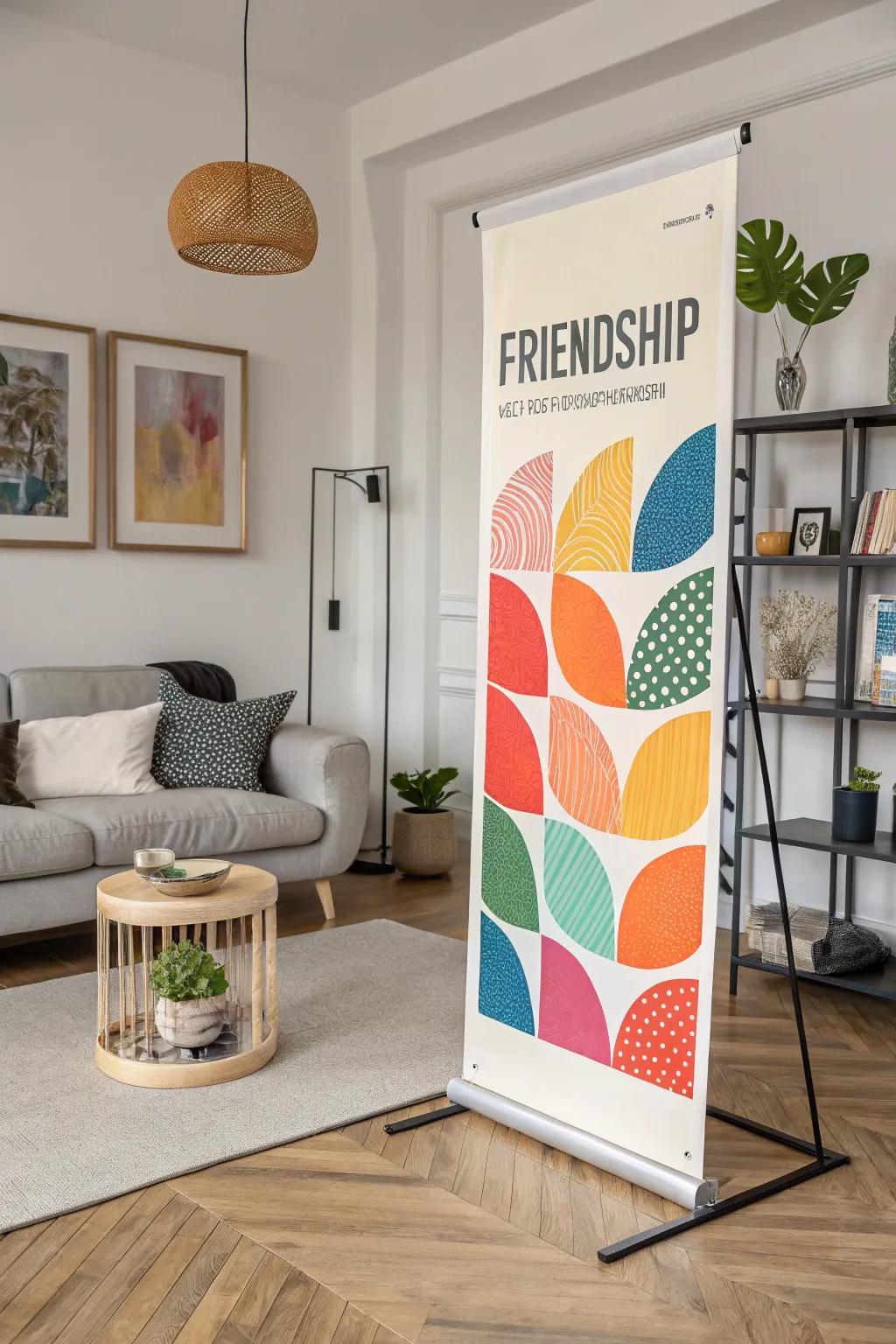 An abstract friendship collage infusing artistic flair into a modern living room.