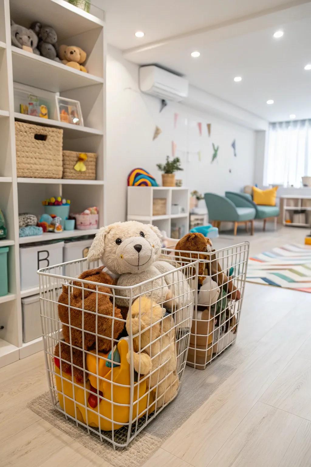 Wire bins are a modern storage option.