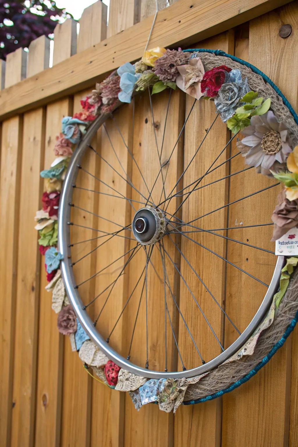 A repurposed bicycle wreath showcasing recycled materials for eco-conscious elegance.