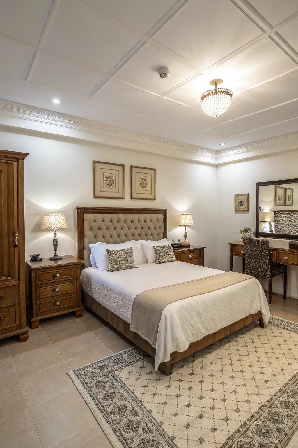 A spacious bedroom with symmetrical furniture arrangement for a balanced look.