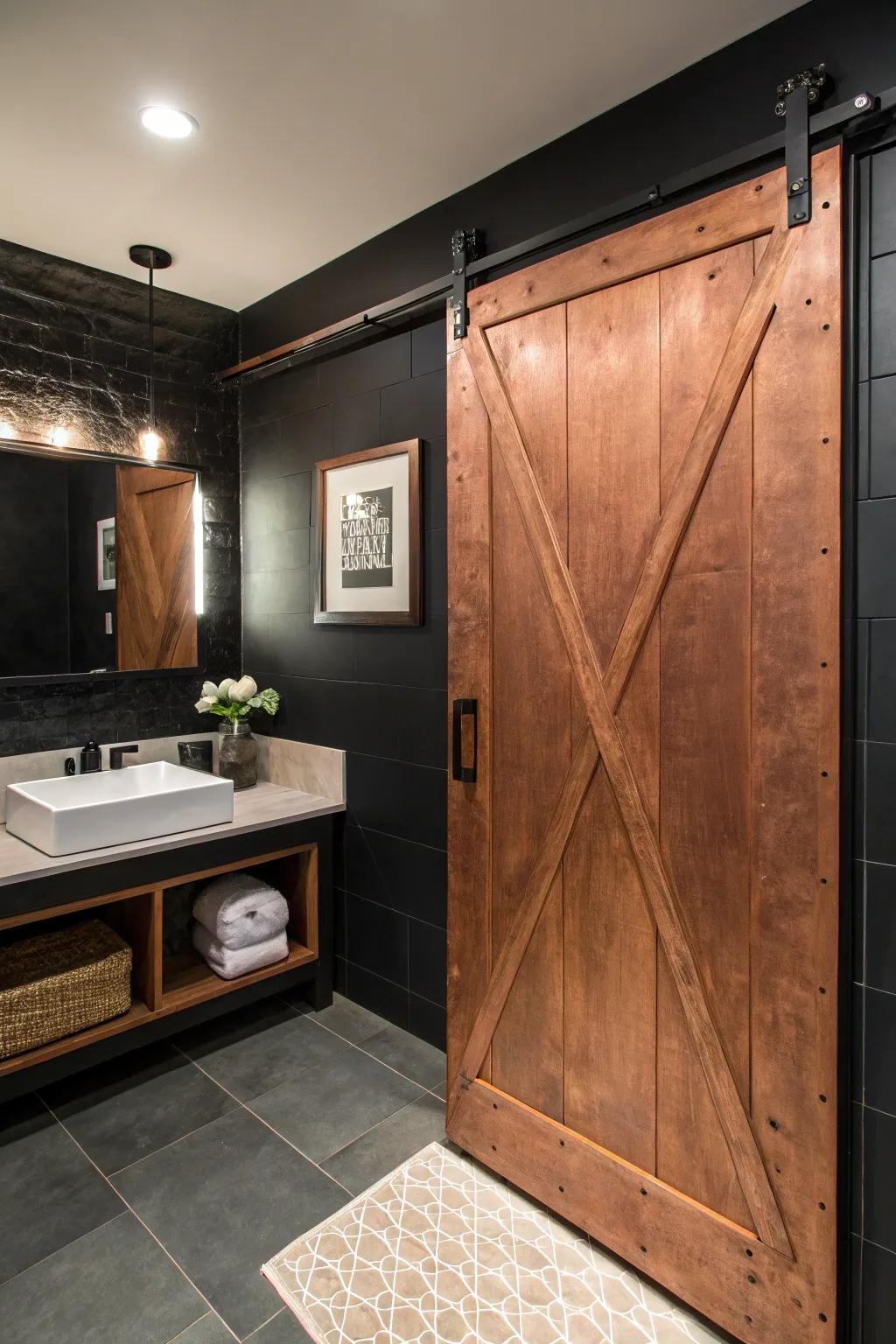A copper barn door incorporates rustic charm and modern panache.